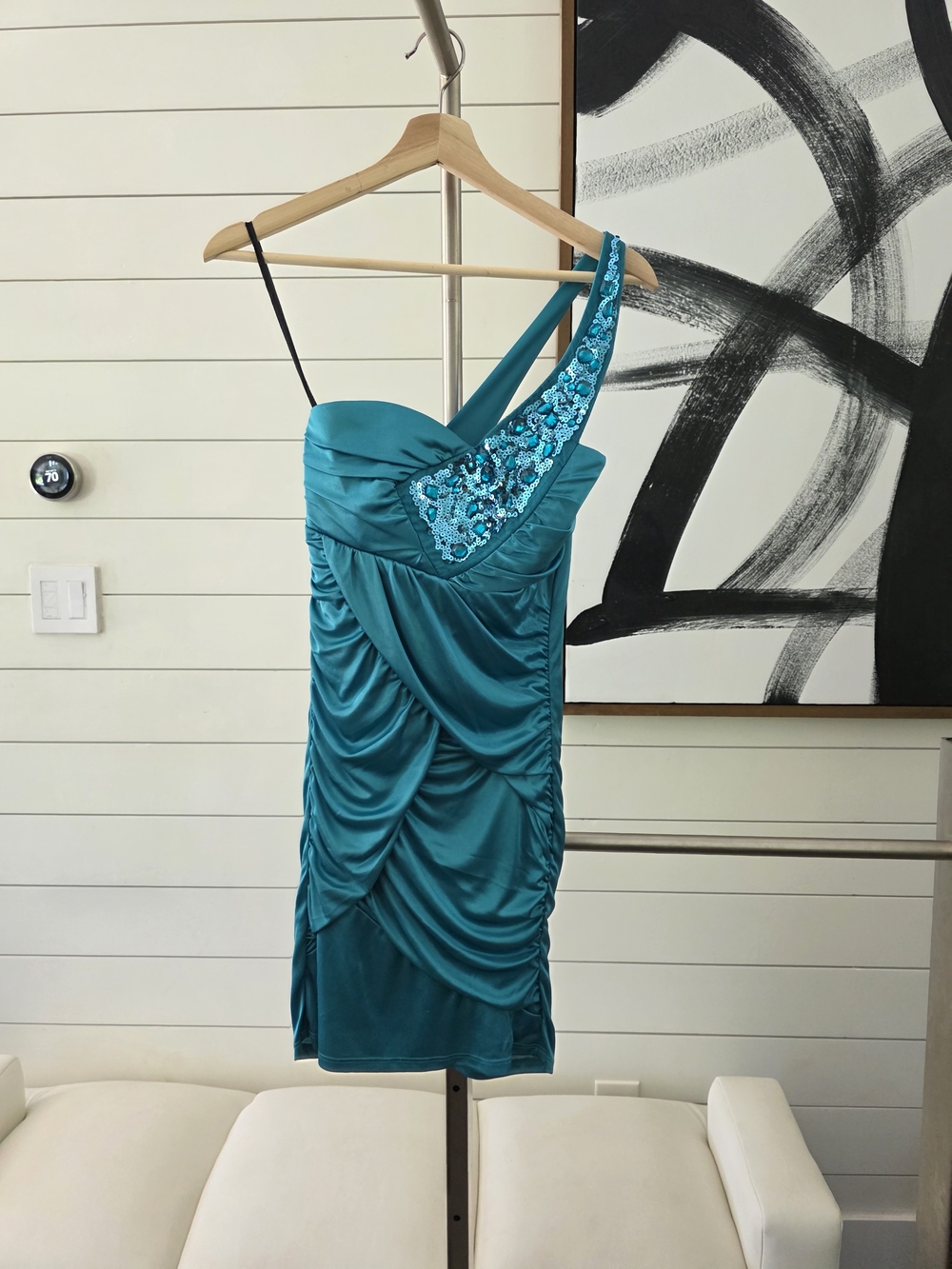 Ruby Rox Teal Asymmetric Sequin-Trim Mini Dress